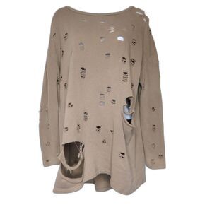 Thrashed Distressed Woman's Sweat Shirt Tunic Sz. M Beige Grunge Punk Edgy